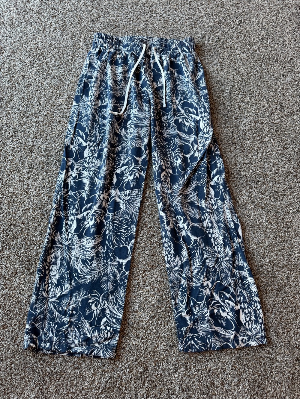 TART Intimates M Navy Tropical Floral Wide Leg Lounge Pants Drawstring Boho